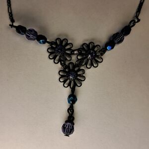 Timeless 1928 Gunmetal Floral Necklace w/ Blue & Purple Glass